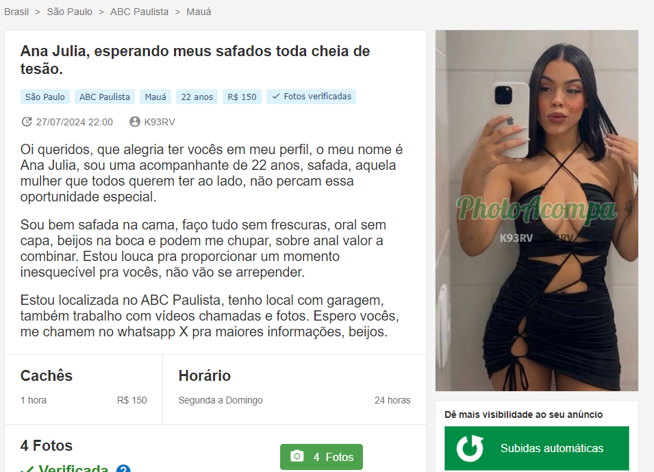 Print do anúncio da Ana Júlia